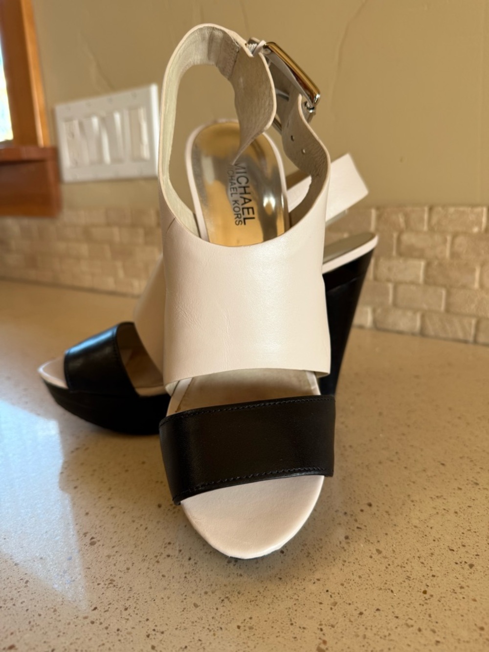 MICHAEL Michael Kors Black and White Leather Wedge Sandals